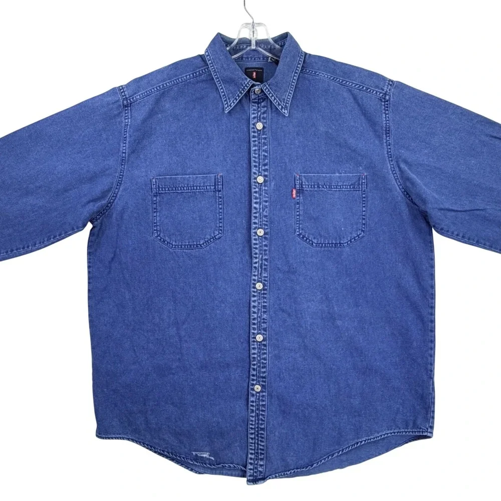 Levi's Red Tab Denim Shirt Men LARGE Blue Cotton Metal Buttons Heavy Vintage 90s